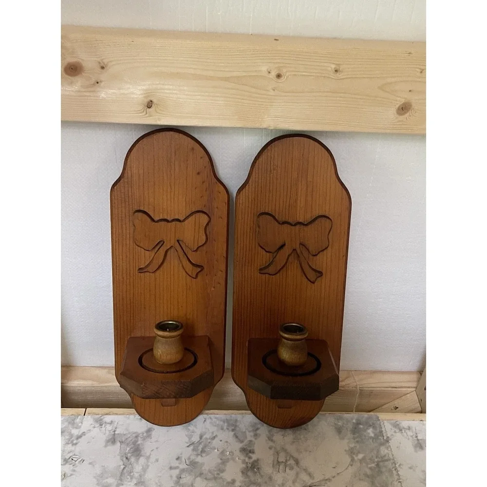 Vintage Bow Wooden Wall Sconce Candle Holder Set Of 2 Cottage Core Decor